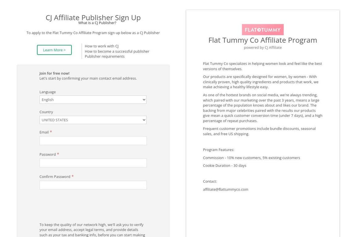 Flat Tummy Co affiliate program signup page