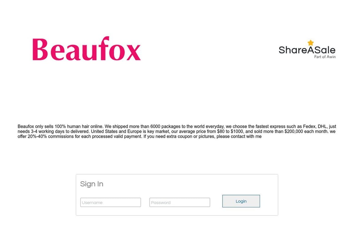 Beaufoxhair affiliate program signup page