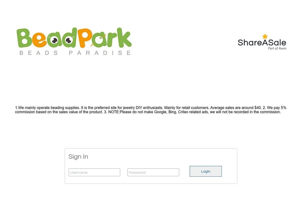 Beadpark affiliate program signup page
