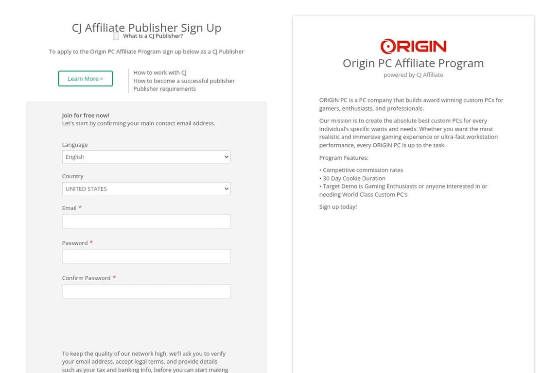 ORIGIN PC affiliate program signup page