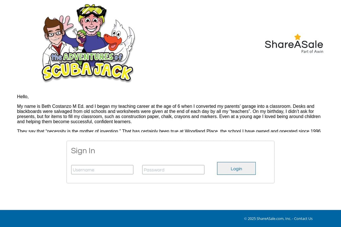 The Adventures of Scuba Jack affiliate program signup page