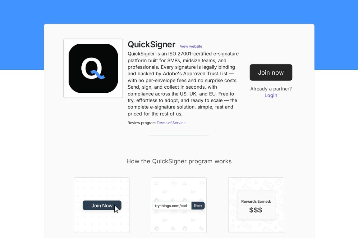 QuickSigner affiliate program signup page
