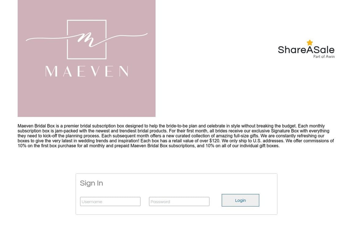 Maeven Bridal Box affiliate program signup page