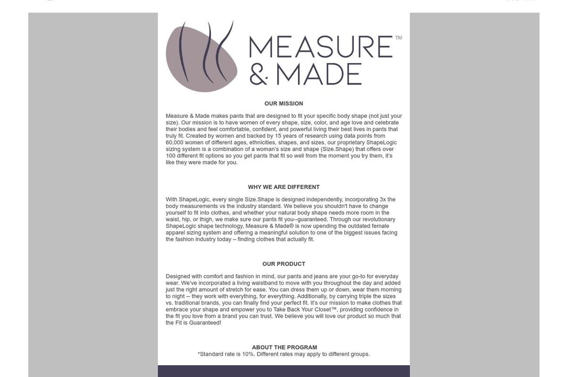 Measure and Made affiliate program signup page