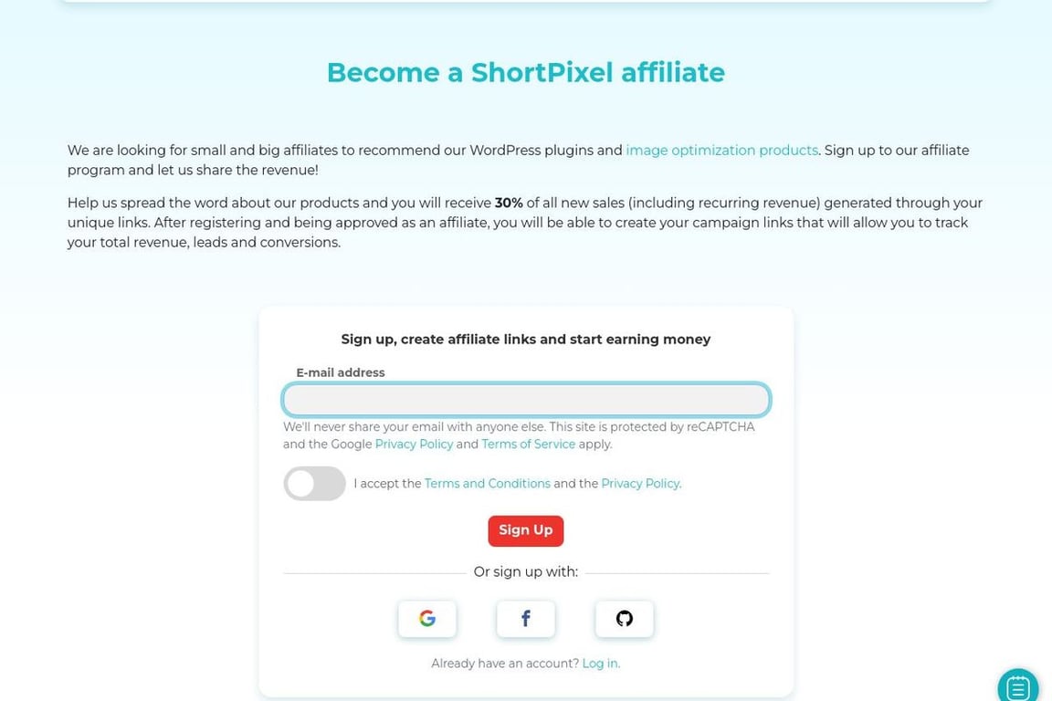 Short Pixel affiliate program signup page