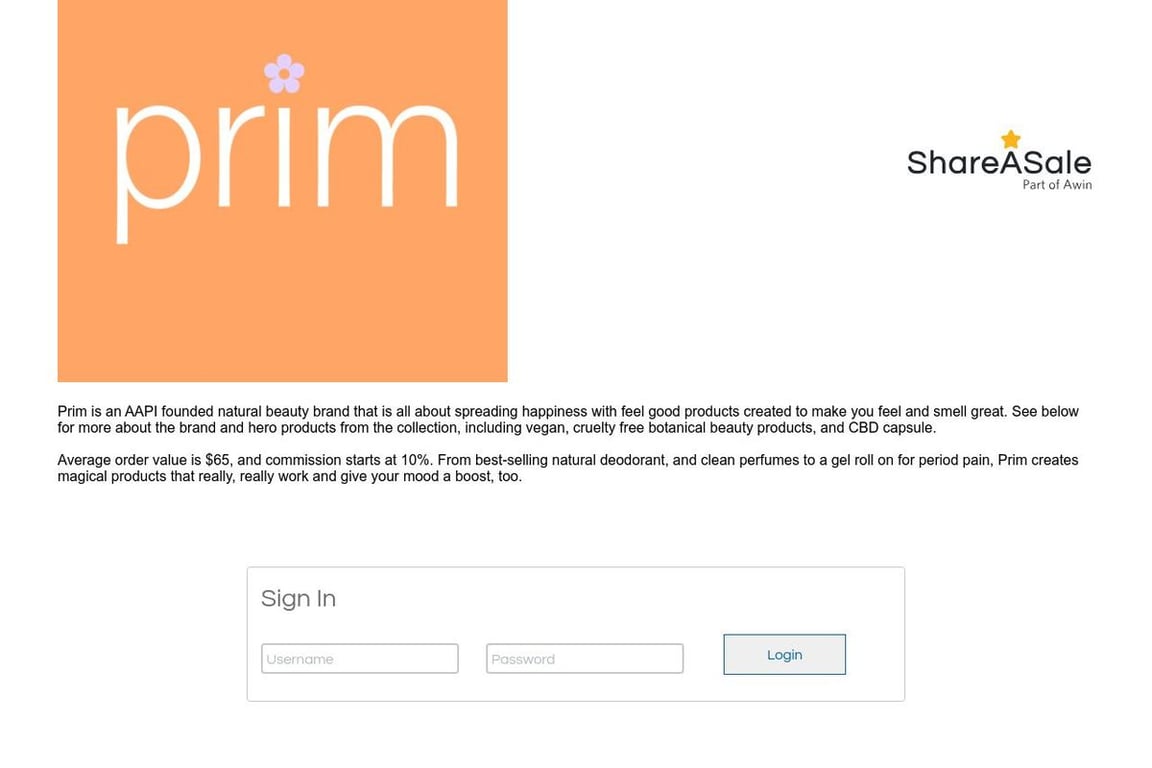 Prim Botanicals affiliate program signup page
