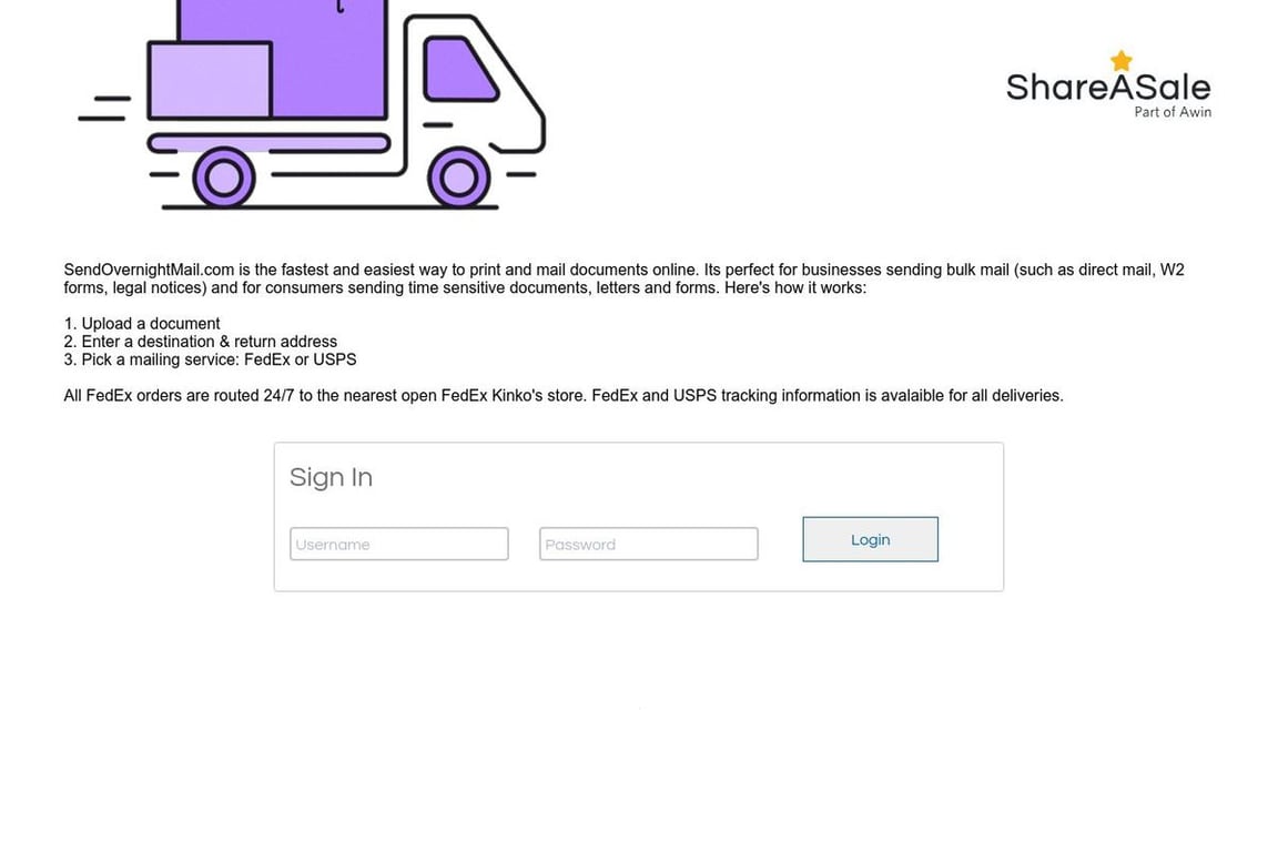 Send Overnight Mail affiliate program signup page