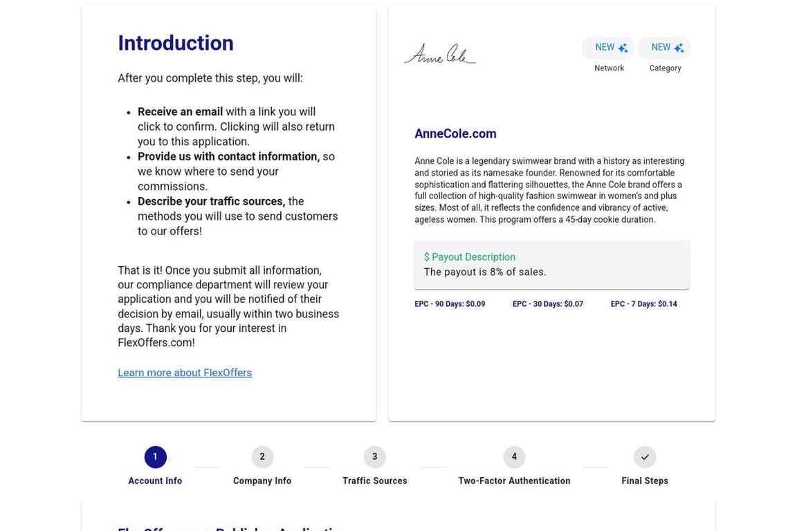 AnneCole.com affiliate program signup page