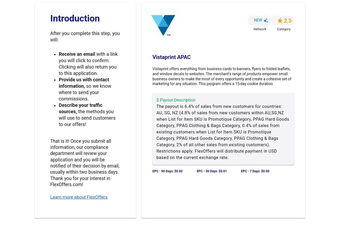Vistaprint APAC affiliate program signup page