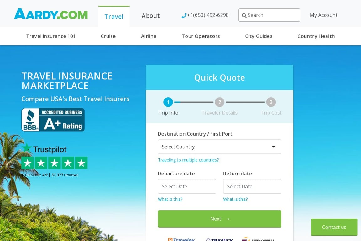 AARDY Travel Insurance homepage