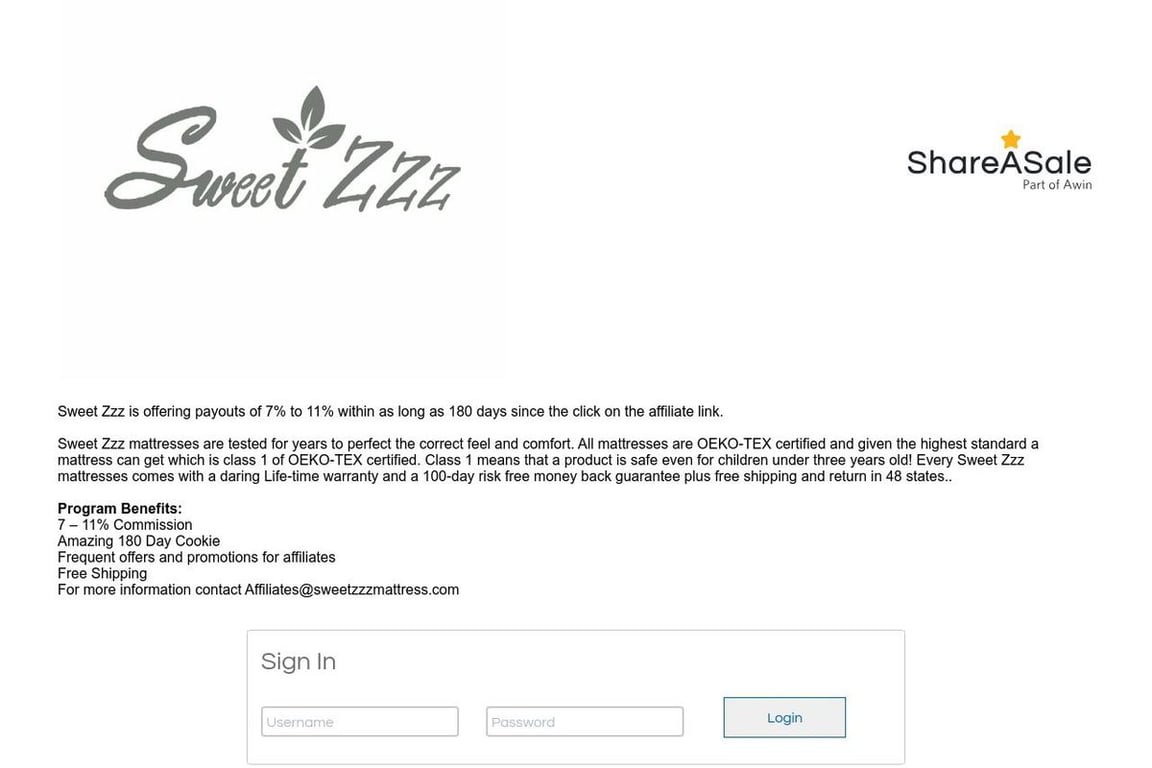 Sweet ZZZ affiliate program signup page