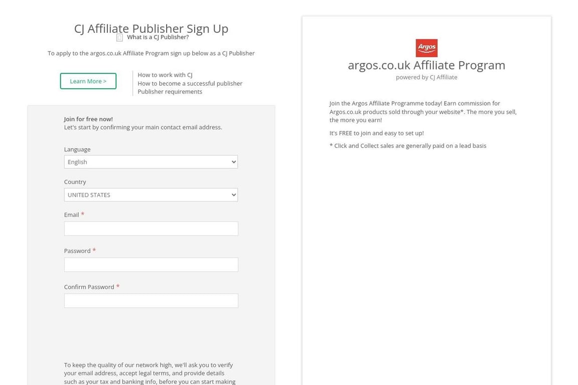 Argos affiliate program signup page