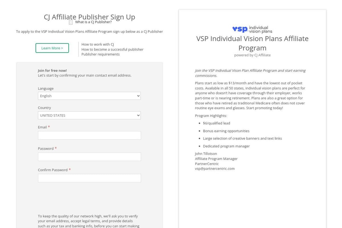 VSP Individual Vision Plans affiliate program signup page