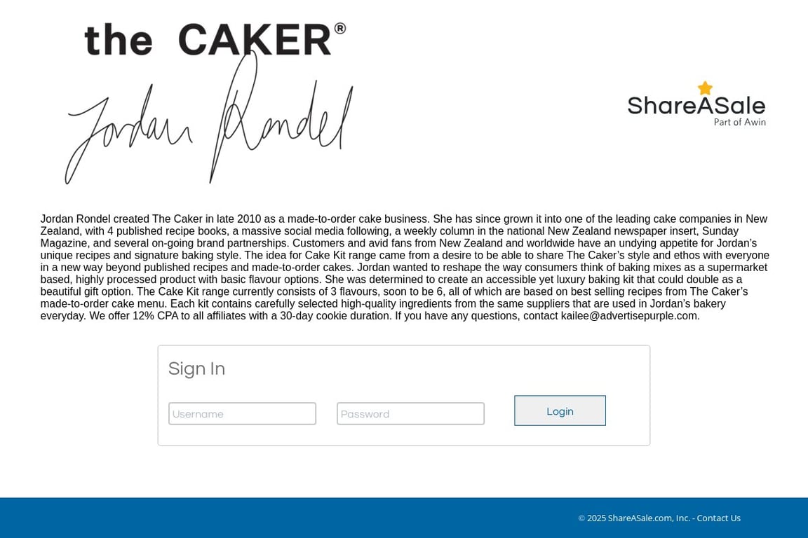 The Caker affiliate program signup page