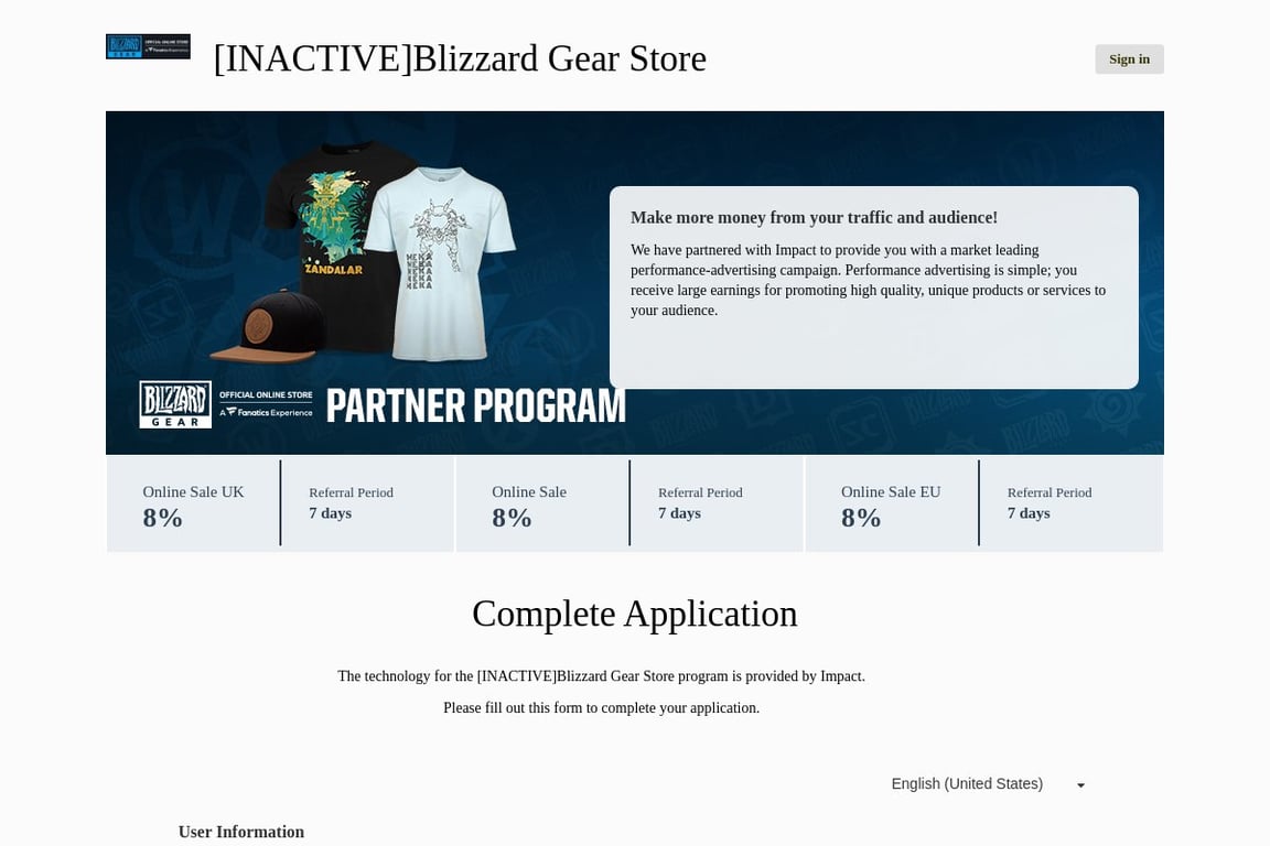 Blizzard Gear Store (US) affiliate program signup page