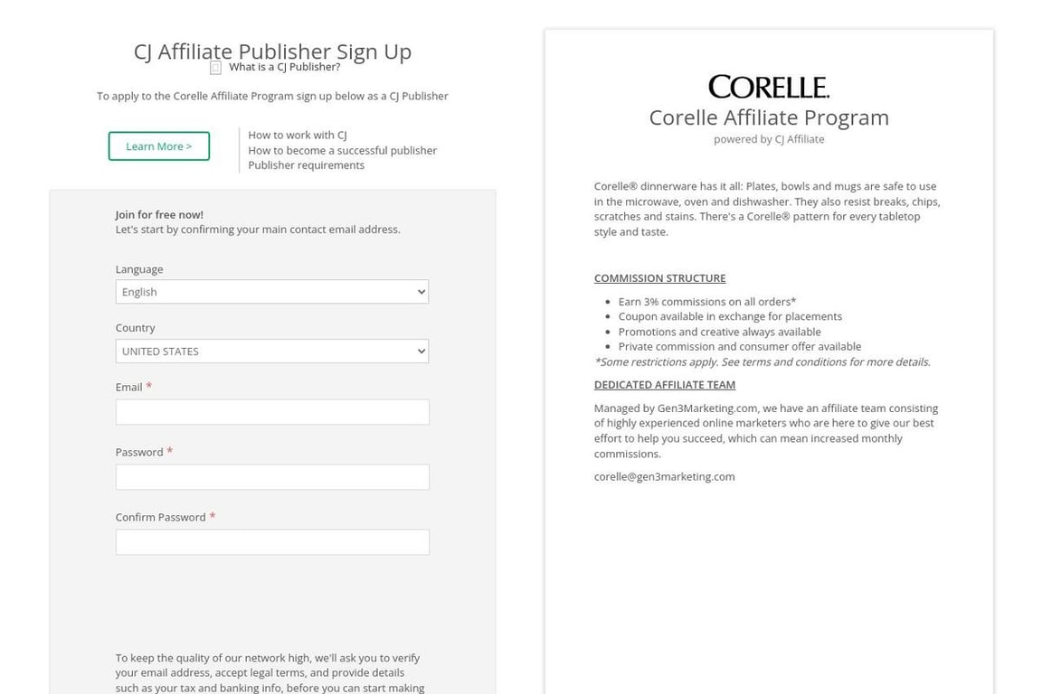 Corelle affiliate program signup page