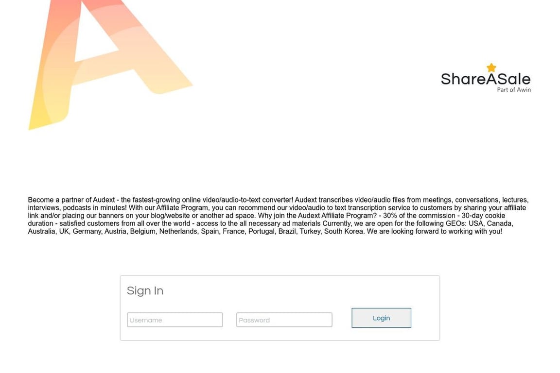 Audext affiliate program signup page