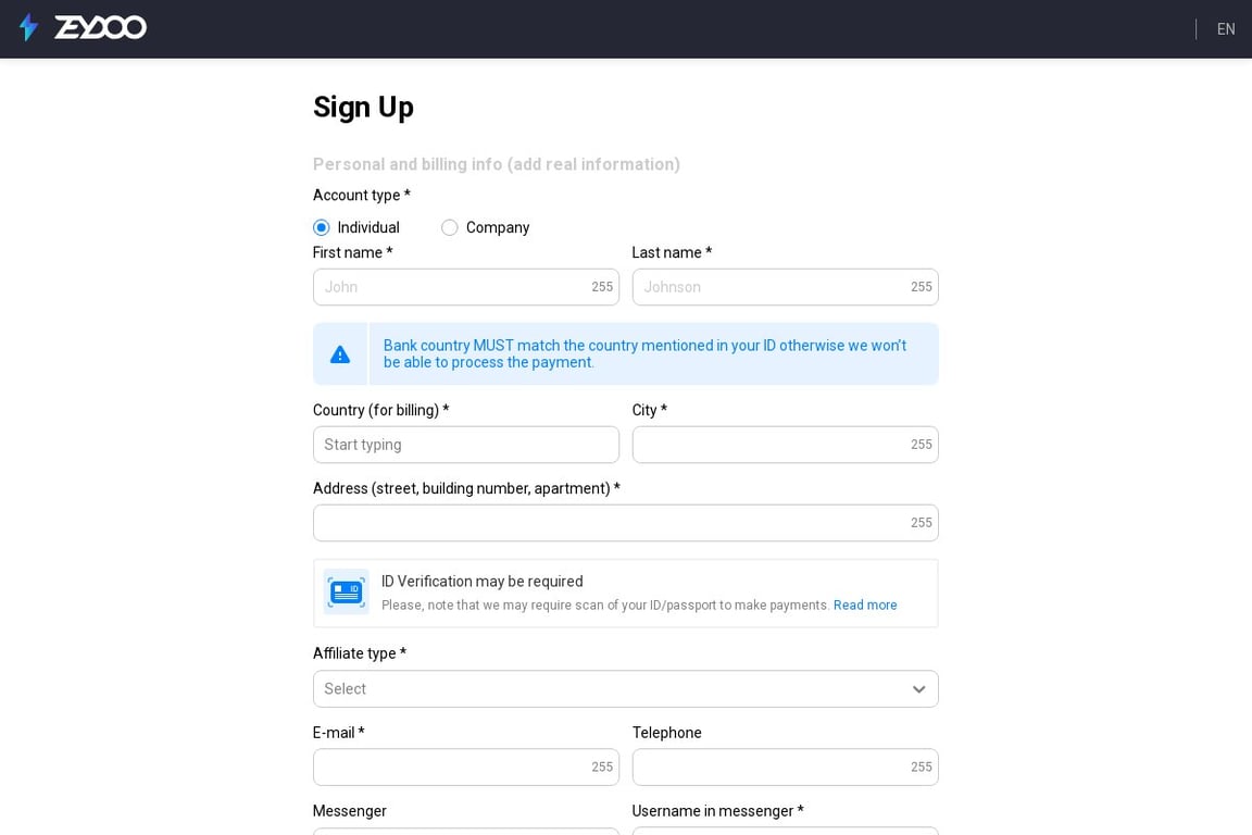 Zeydoo affiliate program signup page