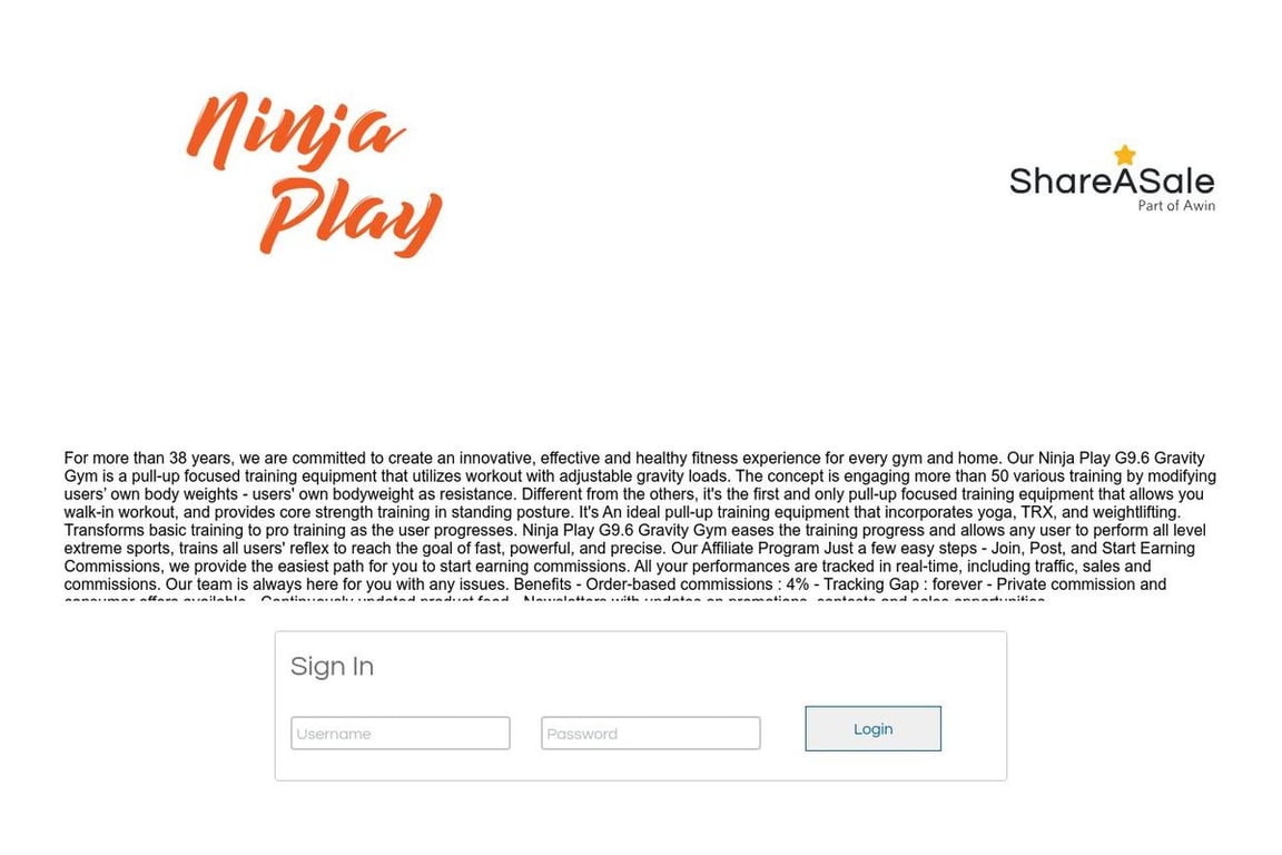 Ninja Play Fitness affiliate program signup page