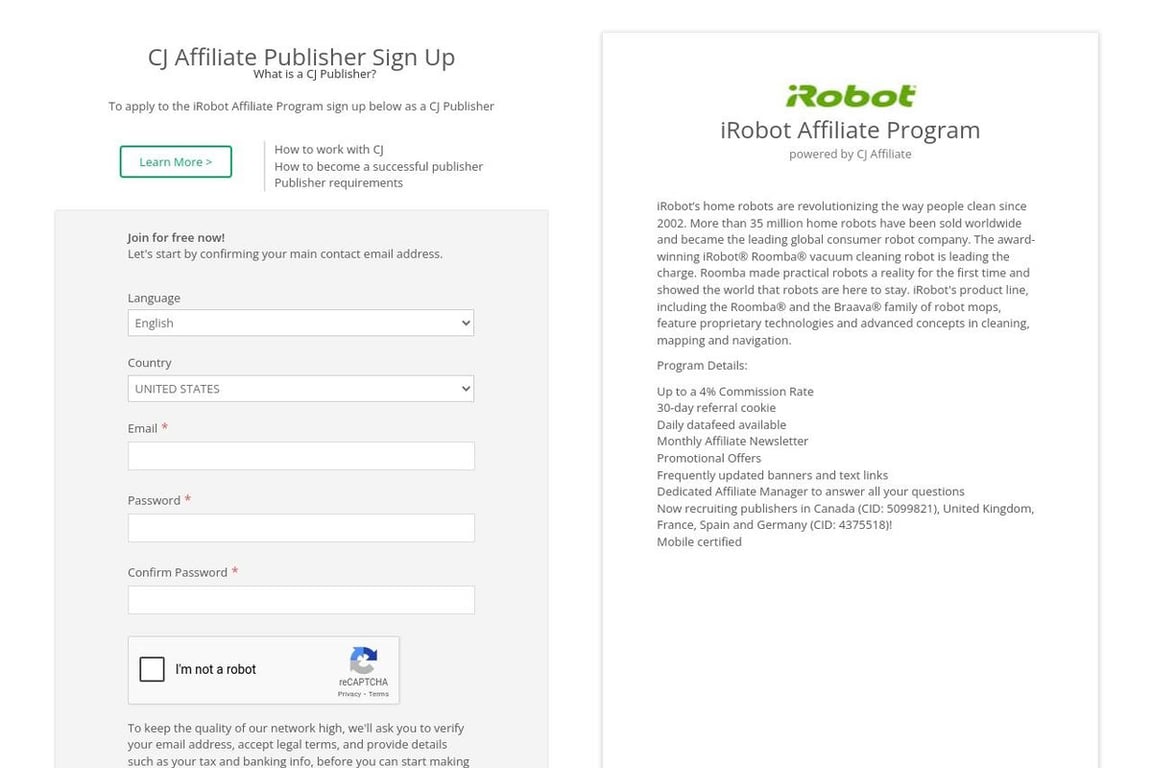IRobot affiliate program signup page