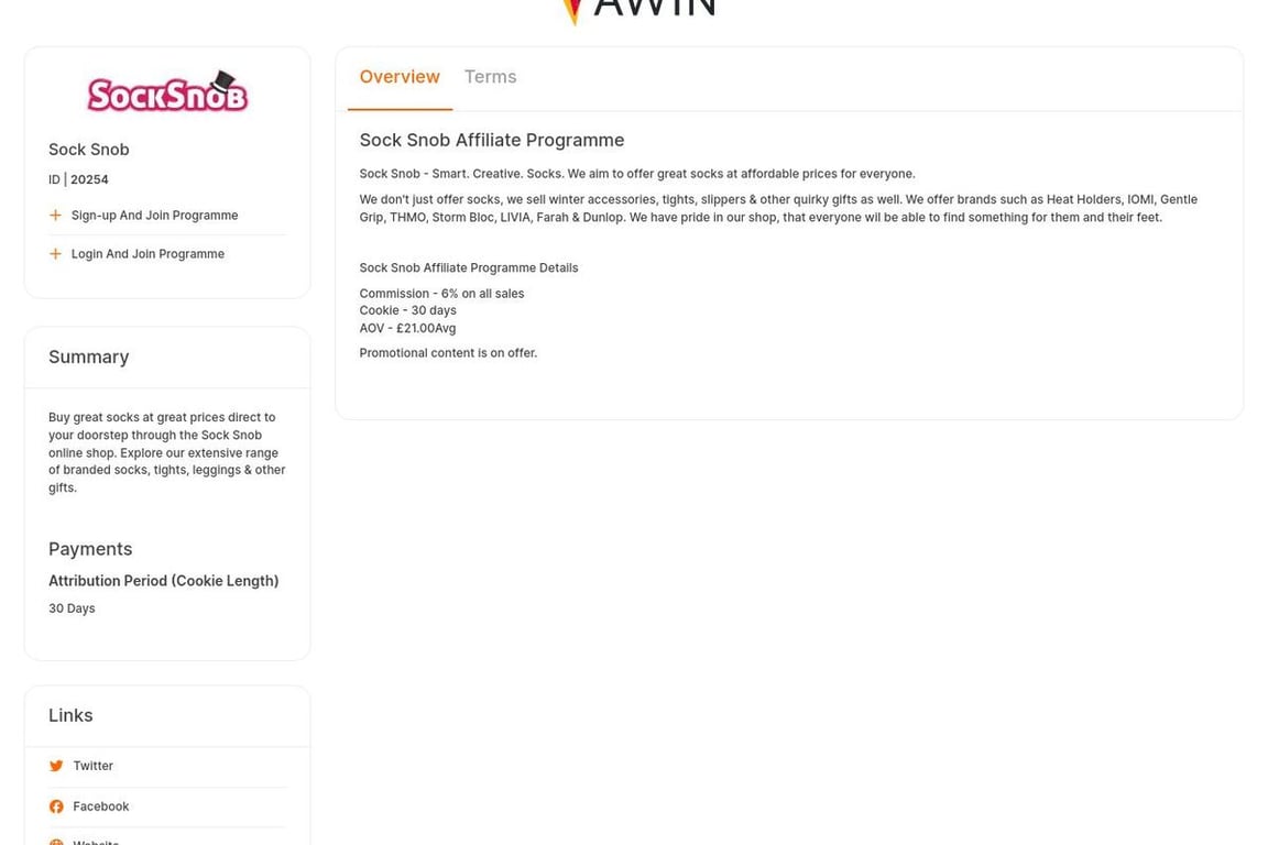 Sock Snob affiliate program signup page