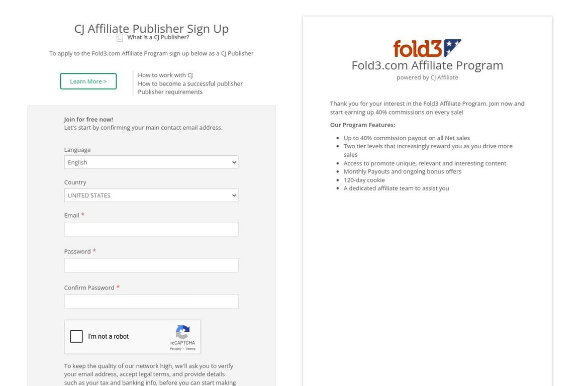 Fold3.com affiliate program signup page