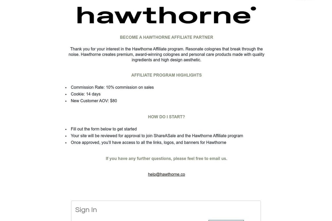 Hawthorne affiliate program signup page