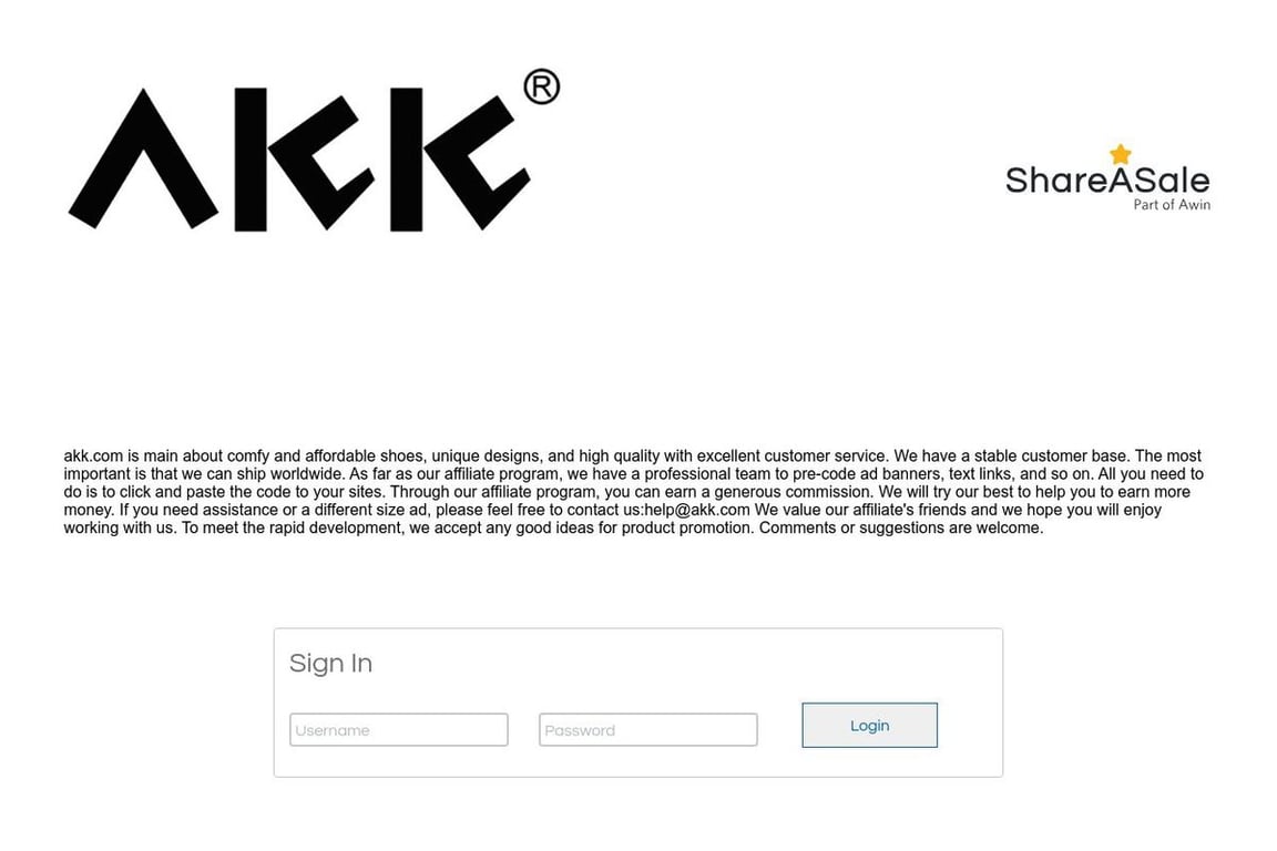 Akk Shoes affiliate program signup page
