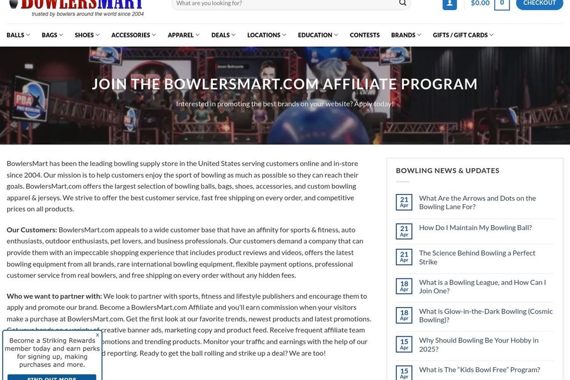 BowlersMart affiliate program signup page
