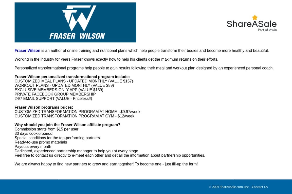 FraserWilsonFitness affiliate program signup page