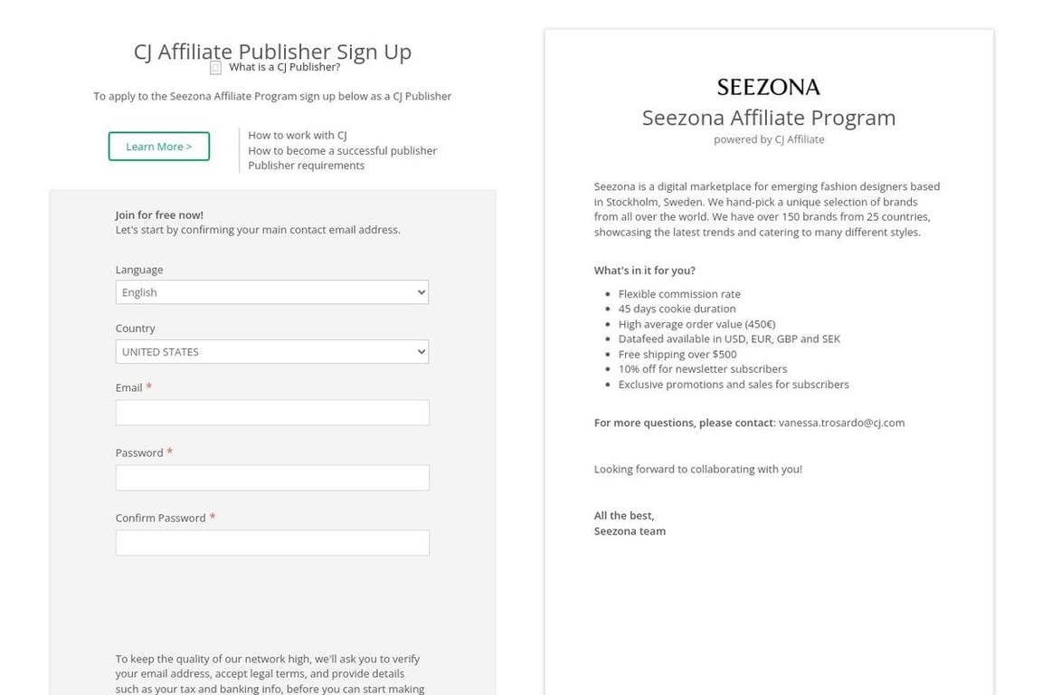 Seezona affiliate program signup page