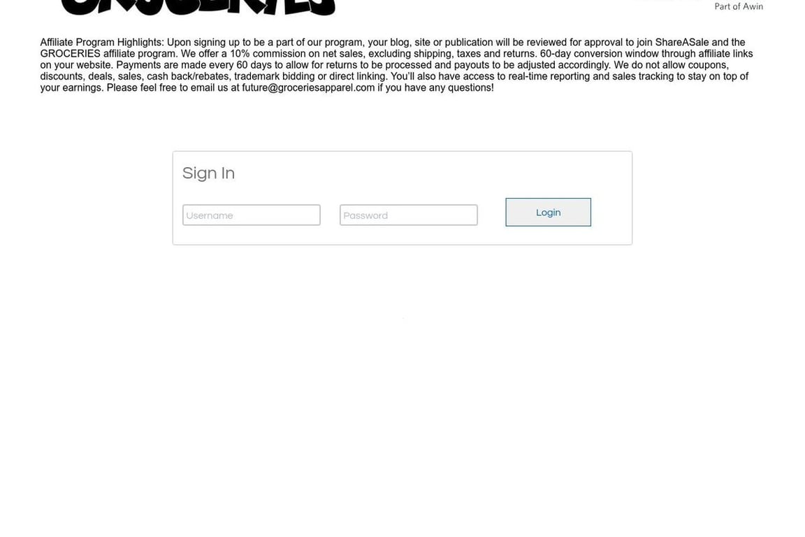 Groceries Apparel affiliate program signup page