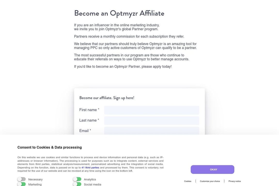 Optmyzr affiliate program signup page