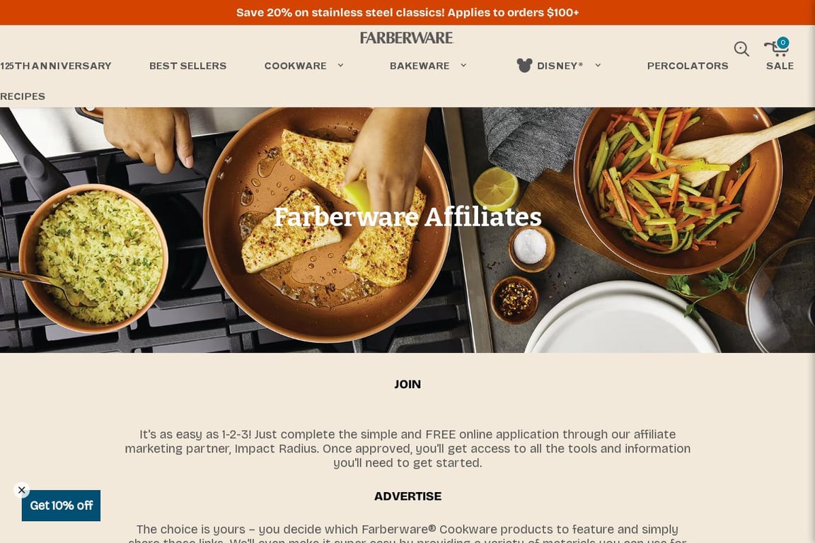 Farberware affiliate program signup page