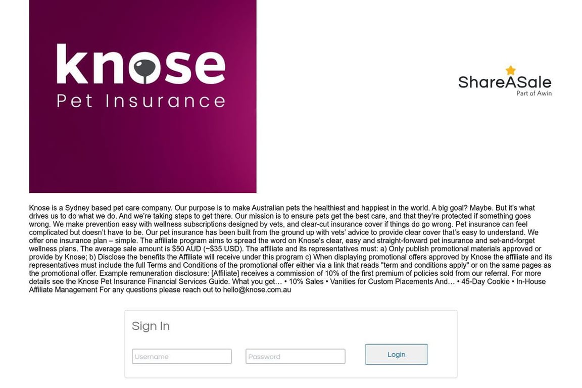 Knose Pet Insurance AU affiliate program signup page