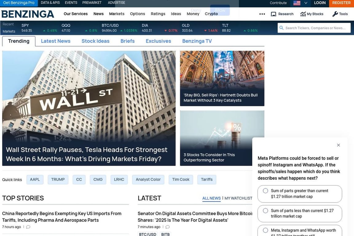 Benzinga homepage