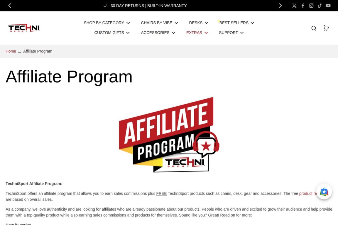 Technisport affiliate program signup page