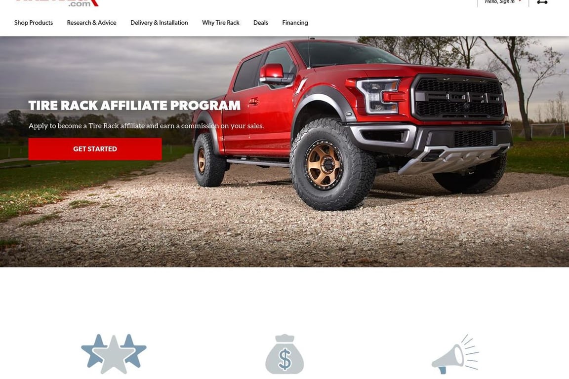 Tire Rack affiliate program signup page