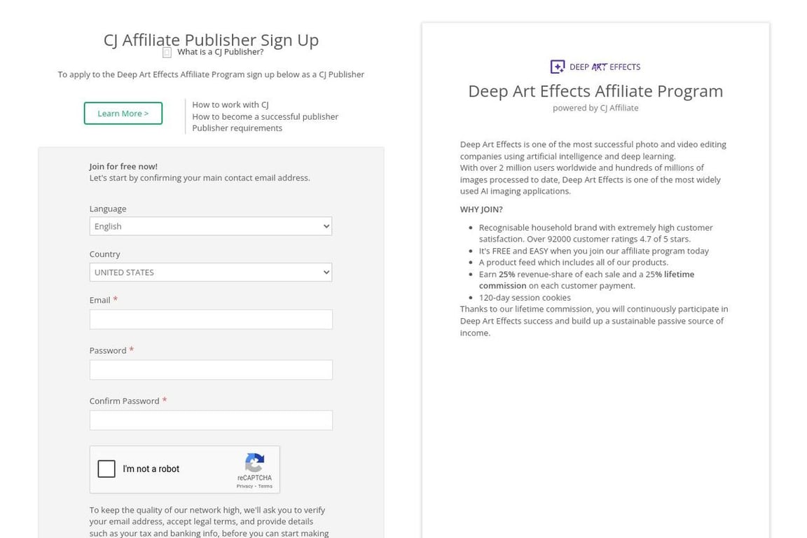 Deep Art Effects affiliate program signup page