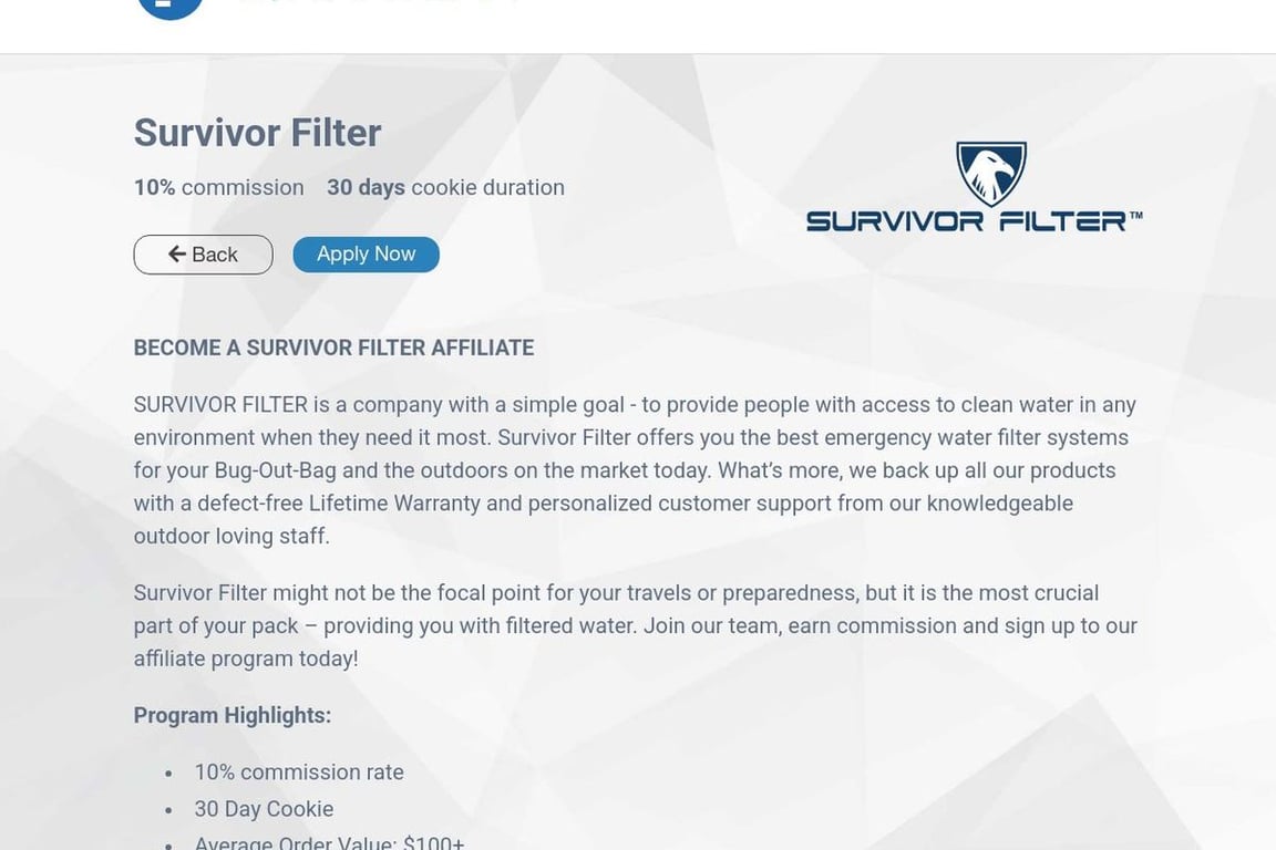 Survior Filter affiliate program signup page