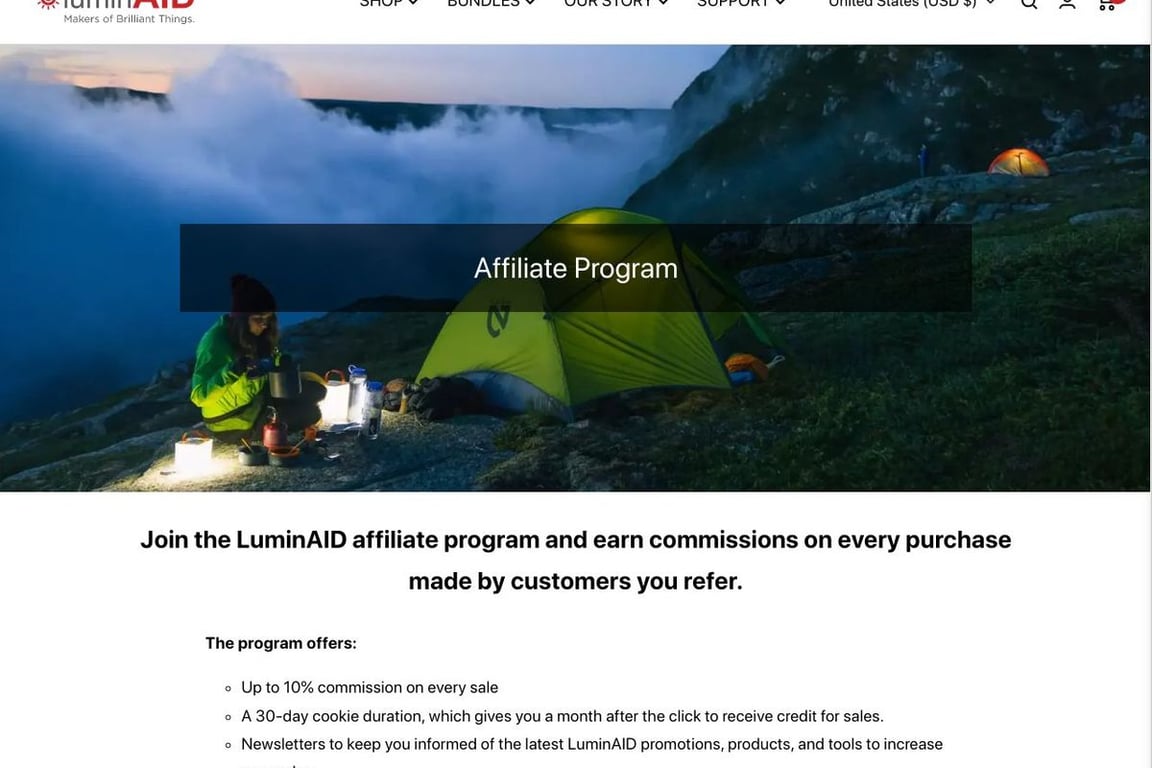 LuminAID affiliate program signup page