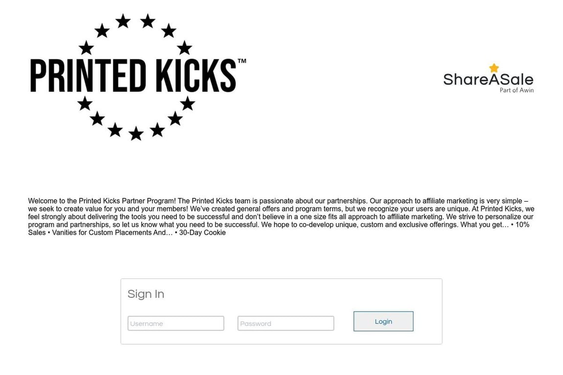 PrintedKicks affiliate program signup page