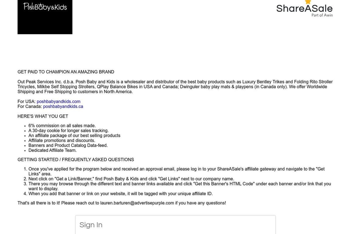 Posh Baby & Kids affiliate program signup page