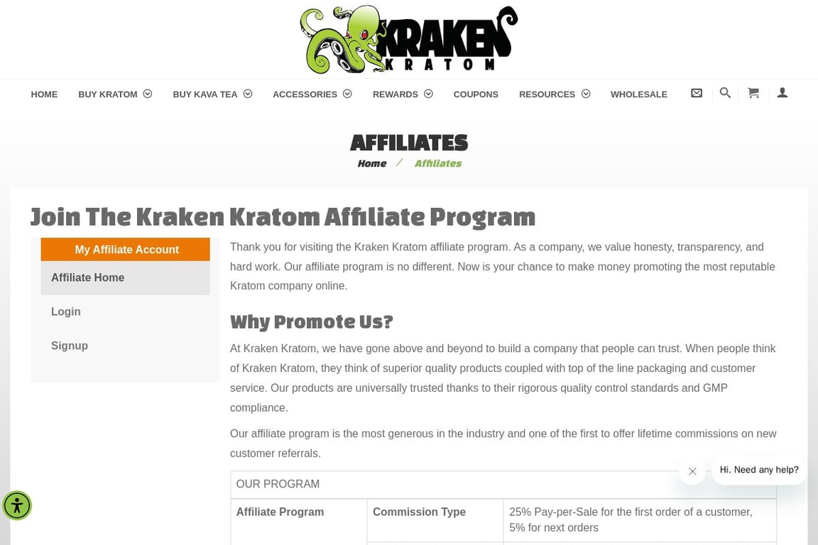 Kraken Kratom affiliate program signup page