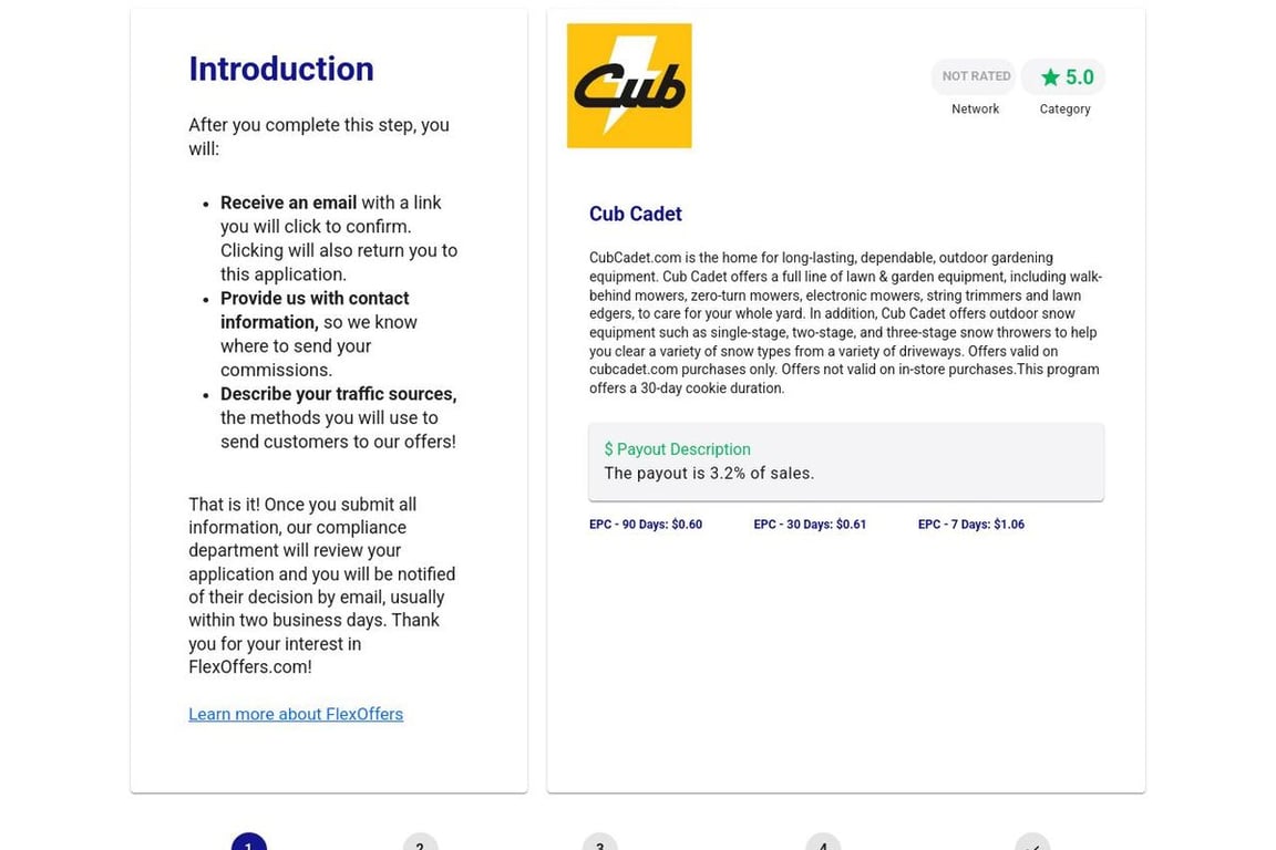 Cub Cadet affiliate program signup page