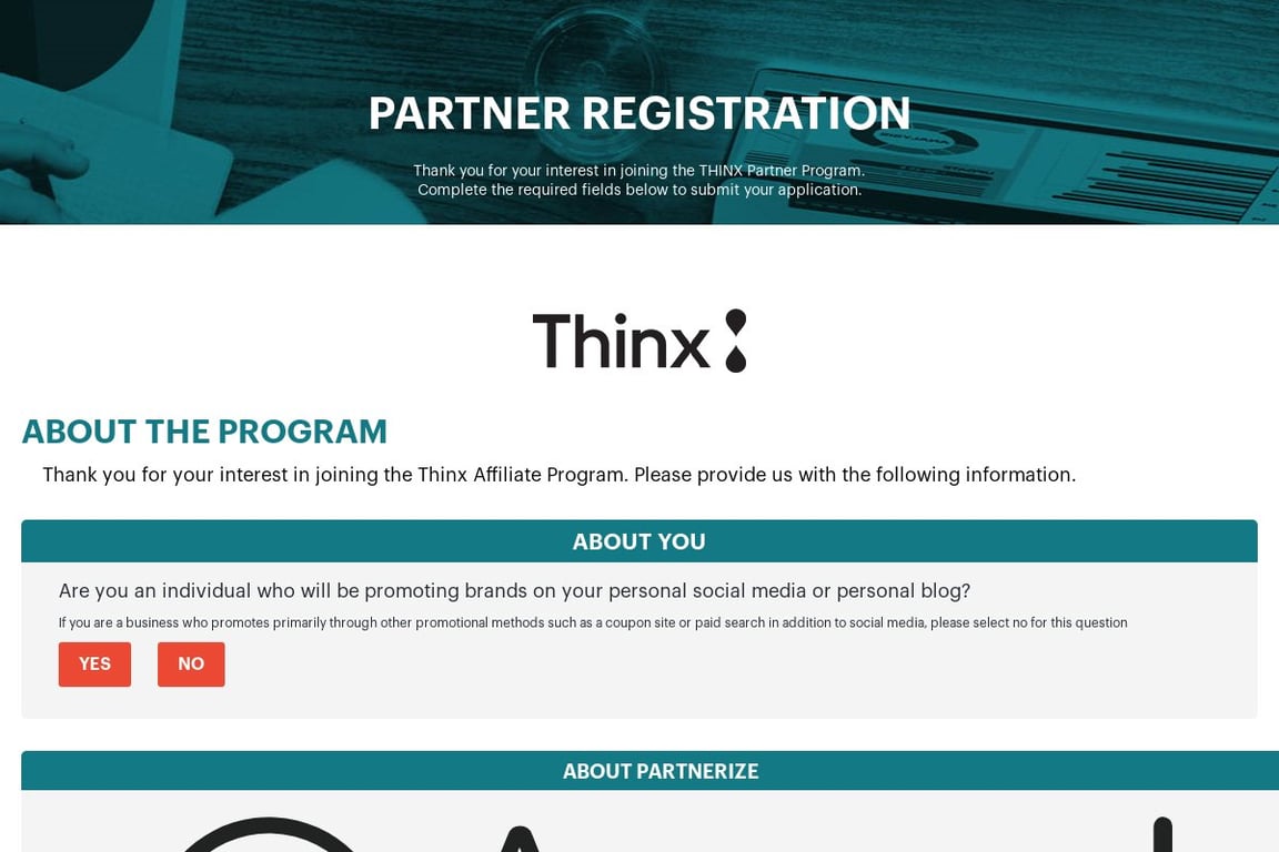 Thinx affiliate program signup page