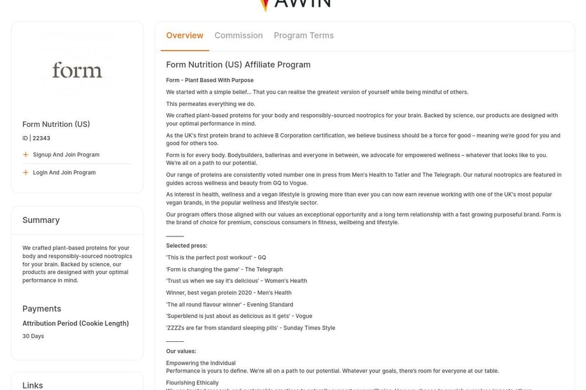 Form Nutrition (US) affiliate program signup page