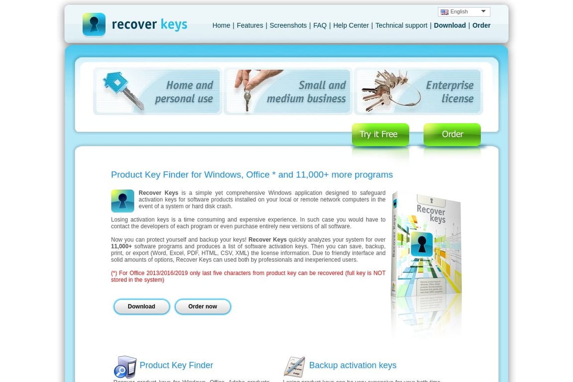 Recover keys homepage