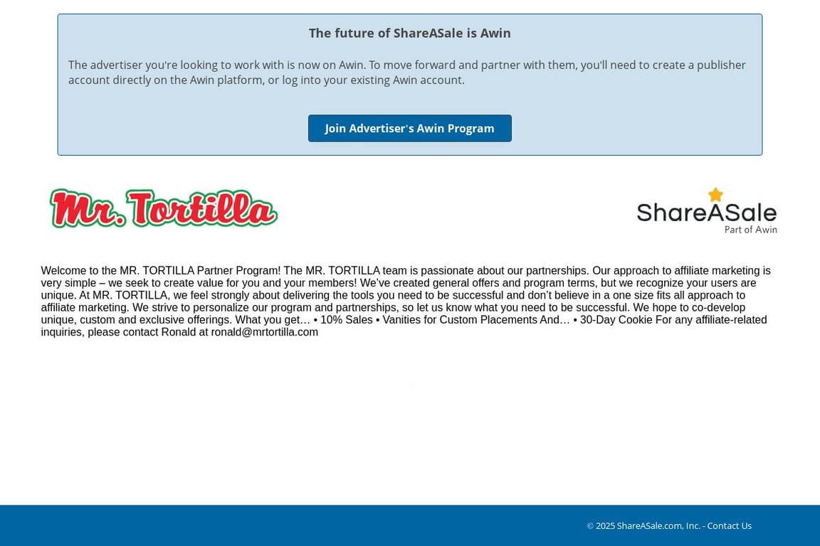 Mr. Tortilla affiliate program signup page
