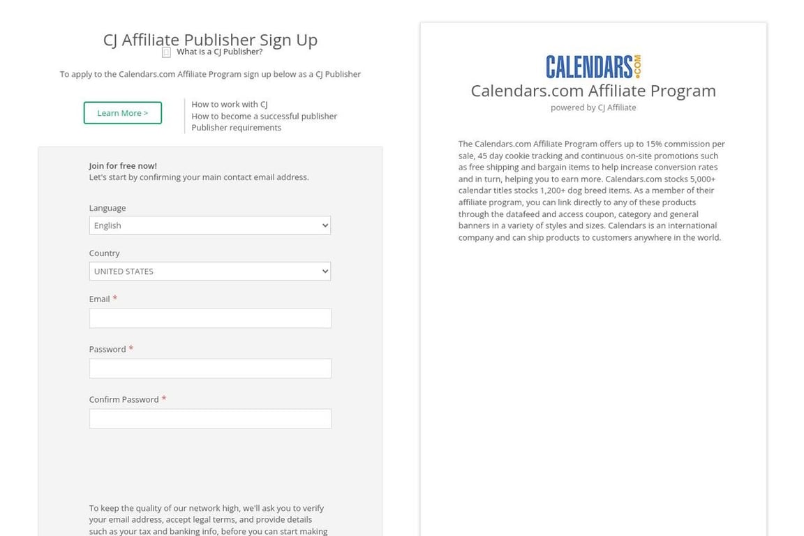 Calendars.com affiliate program signup page